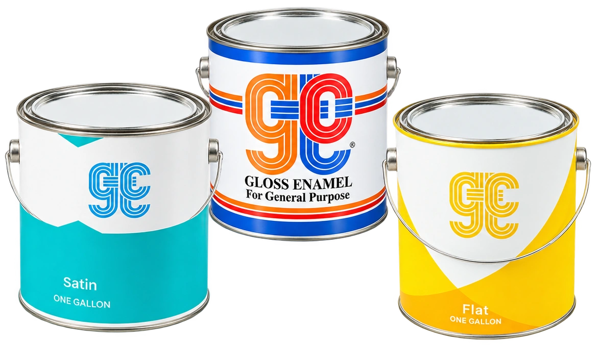 GTC Satin, Gloss Enamel and Flat paint tins