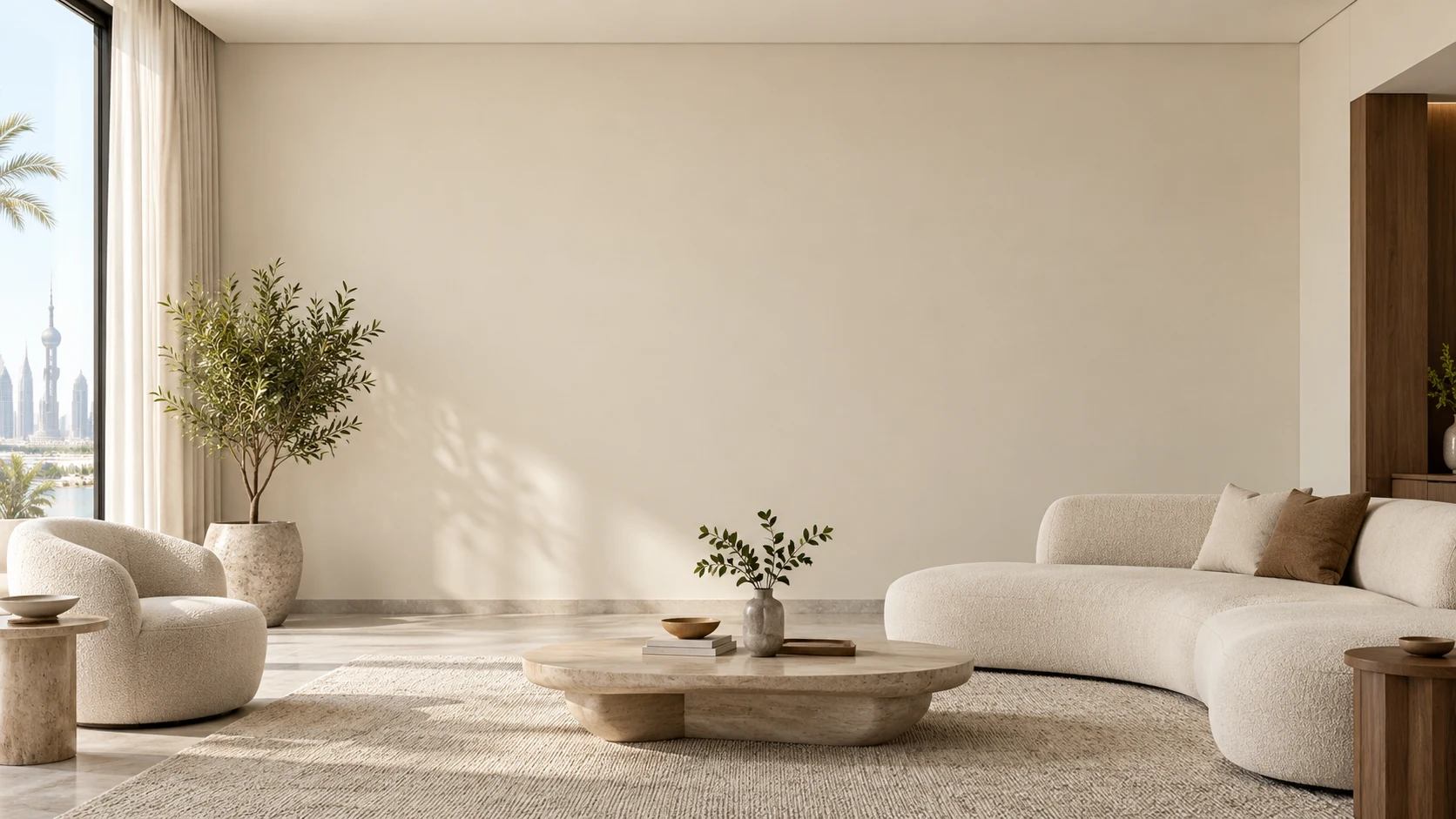 Daylit contemporary living room with curved cream sofa, stone furnishings and painted plaster walls